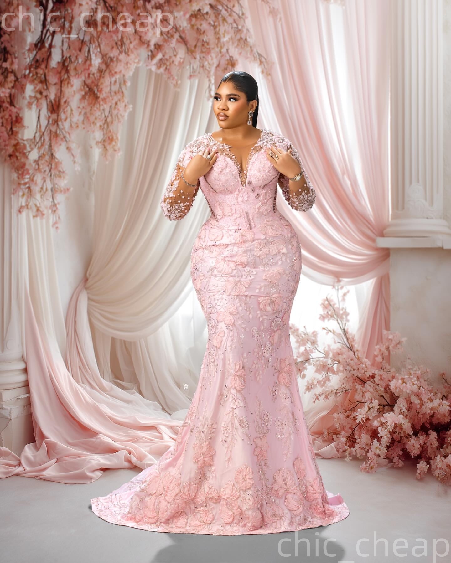 Aso Ebi Pink Mermaid Prom Dresses 2026 Crystals Pearls Floral Lace Evening Formal Party Second Birthday Engagement Gowns Plus Size Dress For Special O