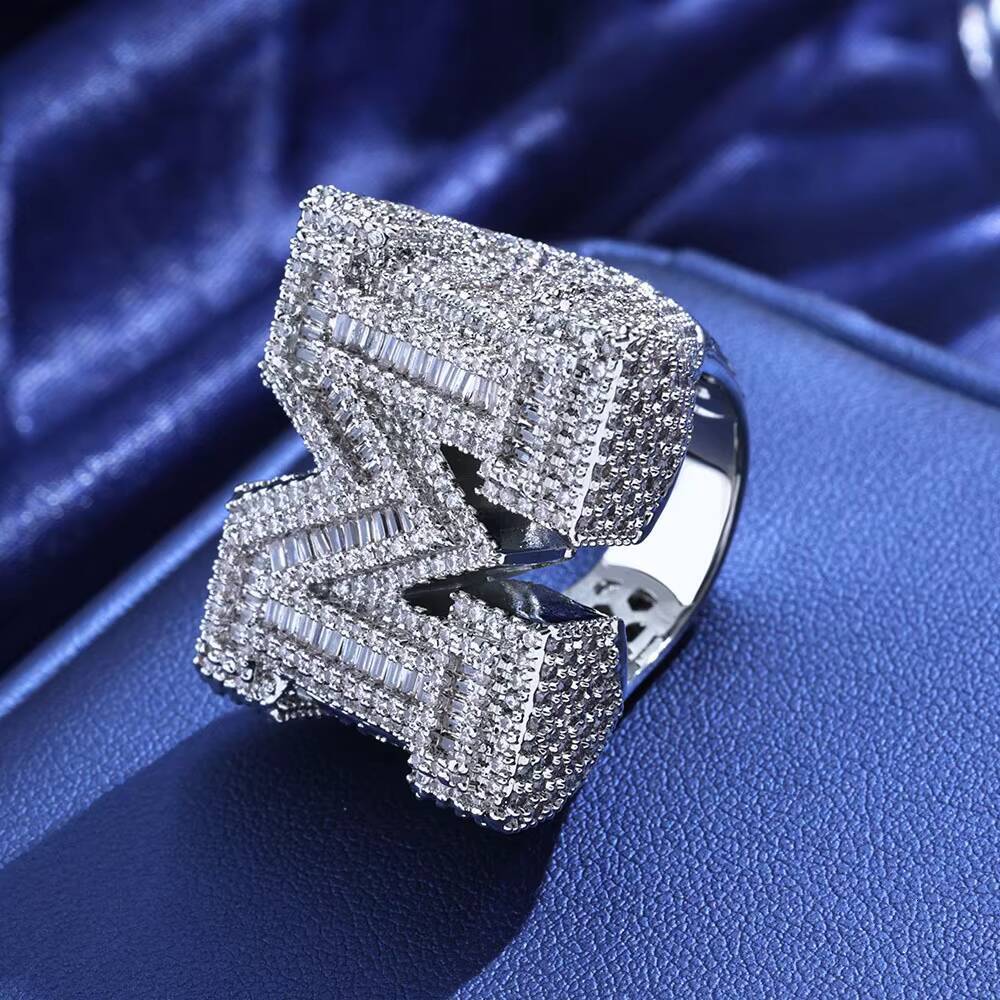 Custom Letter M Vvs Iced Out Baguette Moissanite Hip Hop Ring Pass Diamond Test 925 Silver 18K Gold Plated Fine Jewelry Ring Men