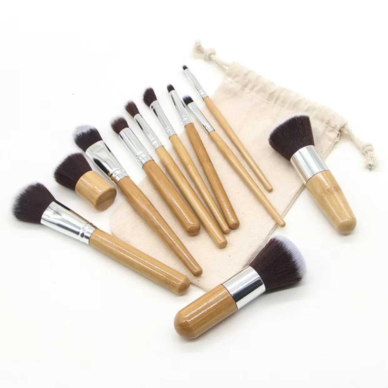 11pcs Natural Bamboo Handle Makeup Brushes Foundation Blending Make Up Tool Set With Cotton BagT251205