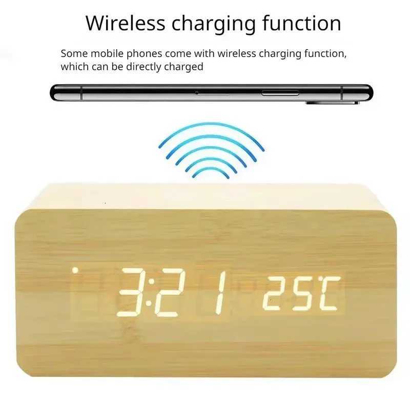 Modern Wooden Wood Digital LED Desk Alarm Clock Thermometer Wireless Charger With Qi Wireless Charging Pad Alarm Clock LED M251205 - view 6