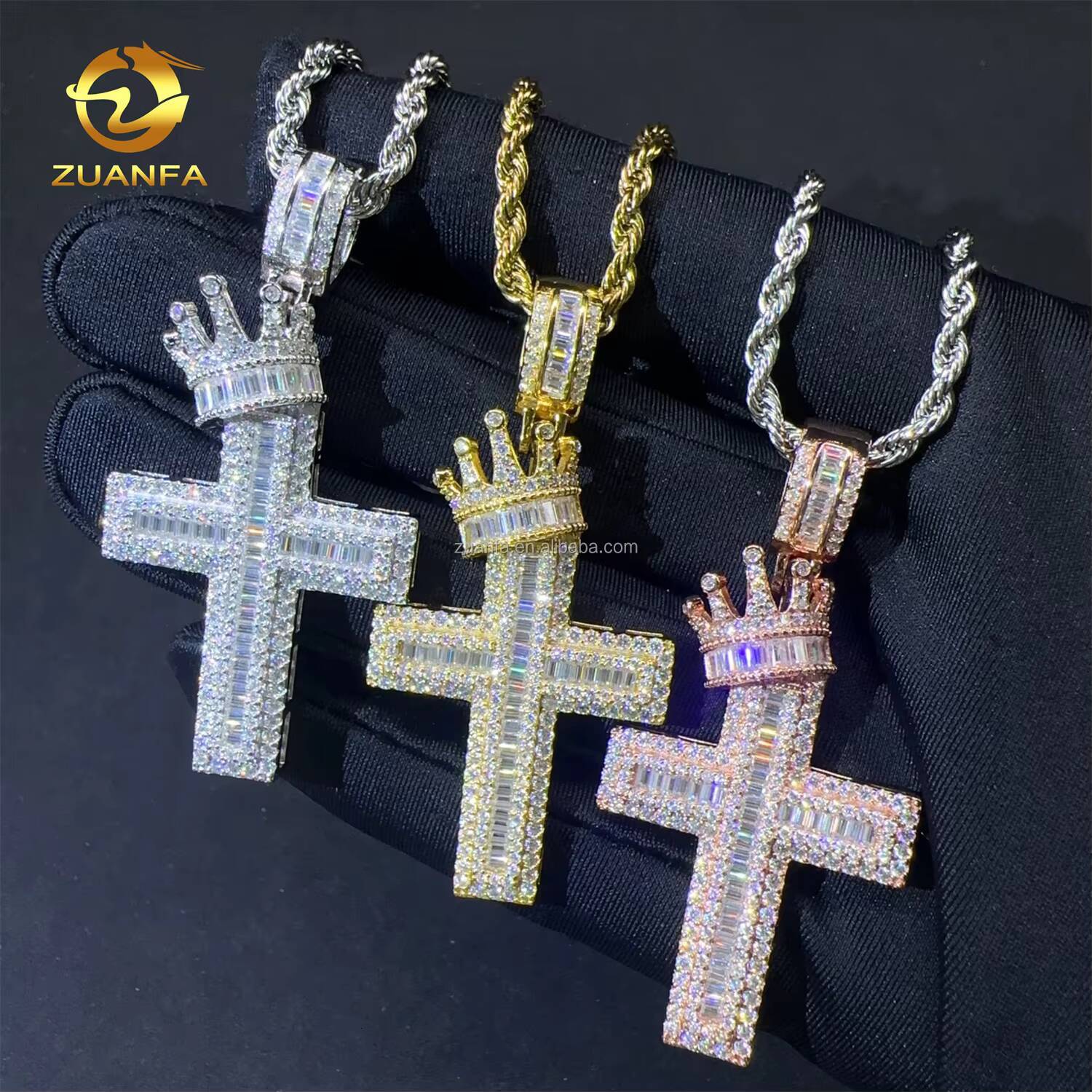 Bulk Stock Hot Selling Popular Trendy Fashion Jewelry Hip Hop S925 VVS1 Baguette Moissanite Diamond Cross Crown Bail Pendant