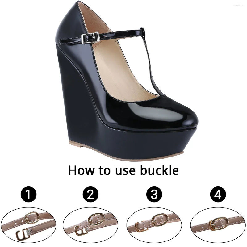 Dress Shoes Women Platform Wedge Heels Pumps Autumn Winter 14cm Round Toes T-Strap High Heeled Gladiator Ladies Party Wedding