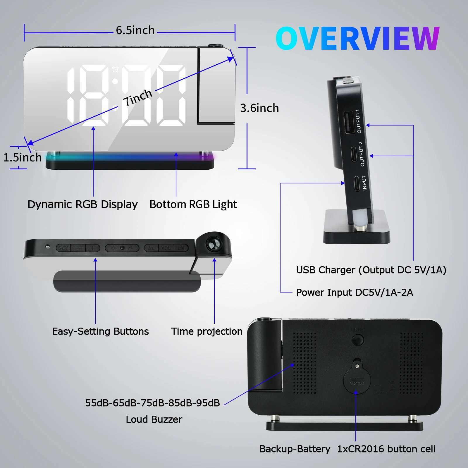 Projection Alarm Clock RGB Colorful LED Digital Clock with Mirror USB Charger Snooze Function 180 Degrees Projector on Ceiling M251205 - view 3