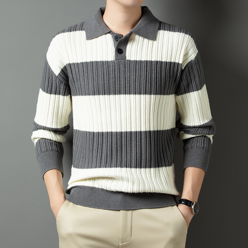 Mens Fashion Striped Button Polo Collar Long Sleeve Pullover Knitted Sweater Mens Casual Slim Fit Sweater Top 240906