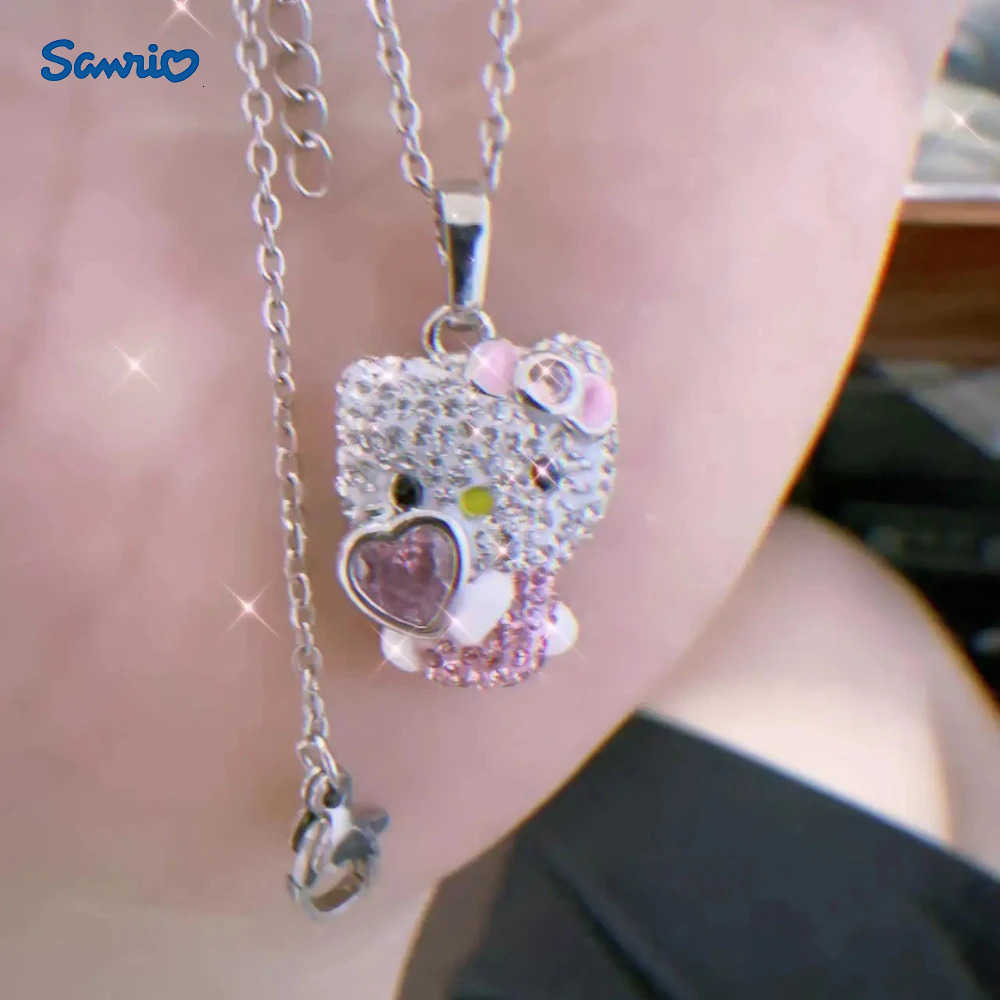 Sanrio Hello Kitty Necklace Anime Character Pink Peach Heart Crystal Cat Push-Pull Bracelet Pendant Couple Decoration Girl Gift H251205