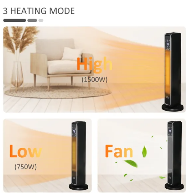2-In-1 Portable Electric Tower Heater, Oscillating Space Heater for Indoor Use with Remote Control, 8H Timer, Three Heating Modes(High, Low, Fan), 750