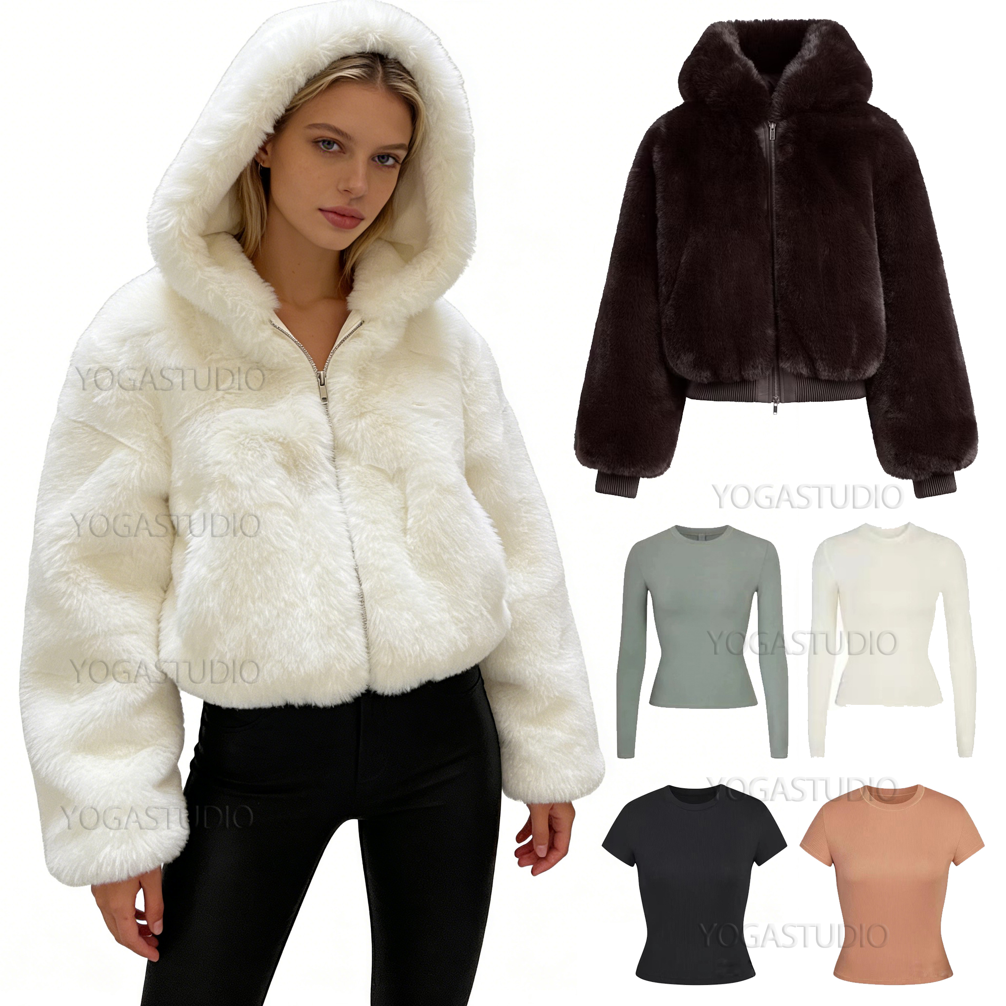 Skims Sets Women Set Fall and Winter Outfit Plush Hooded Warm Jacket Slim Fit Stretch Top Fashionable Casual Everyday Wear