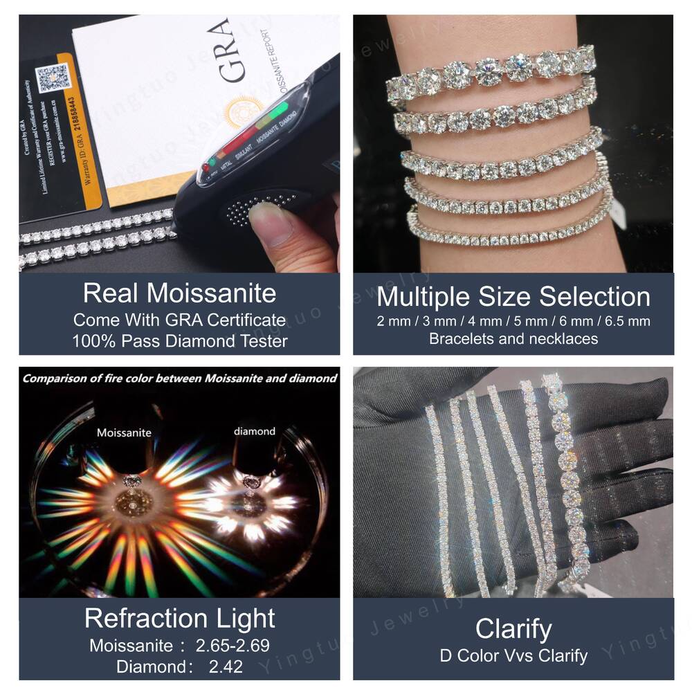 Fine Jewelry 2mm/3mm/4mm/5mm 925 Silver Ice Cut D VVS Moissanite Tennis Chain Bracelet Hiphop Chain with GRA Certification
