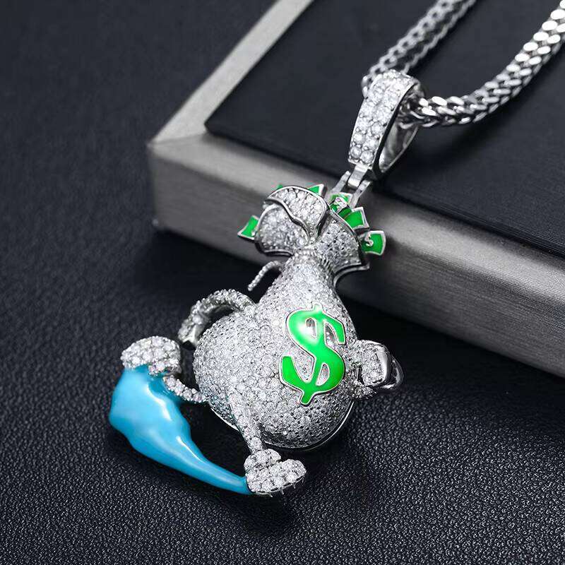 Dropshipping Glow in the Dark Wholesale Price Iced Out Moissanite Running Escape USD Dollar Money Bag Pendant With Chain