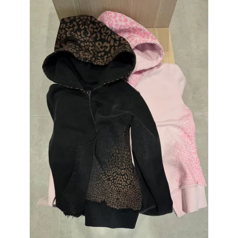 Sexy vintage pink leopard print stitching slim yoga zip up hoodie for women American versatile y2k jogger sweatpants 2-piece set 251204