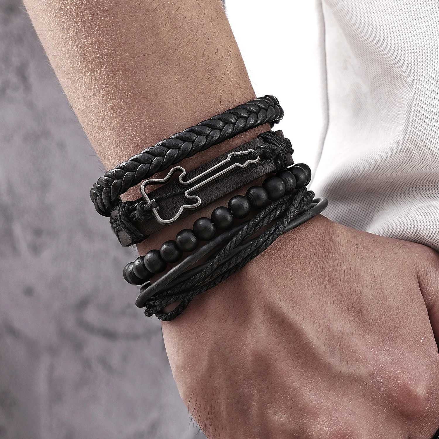 FNIO Braided Wrap Leather Bracelets for Men Vintage Charm Guitar Cross Feather Wood Beads Ethnic Tribal Wristband Rope Bracelet W251206
