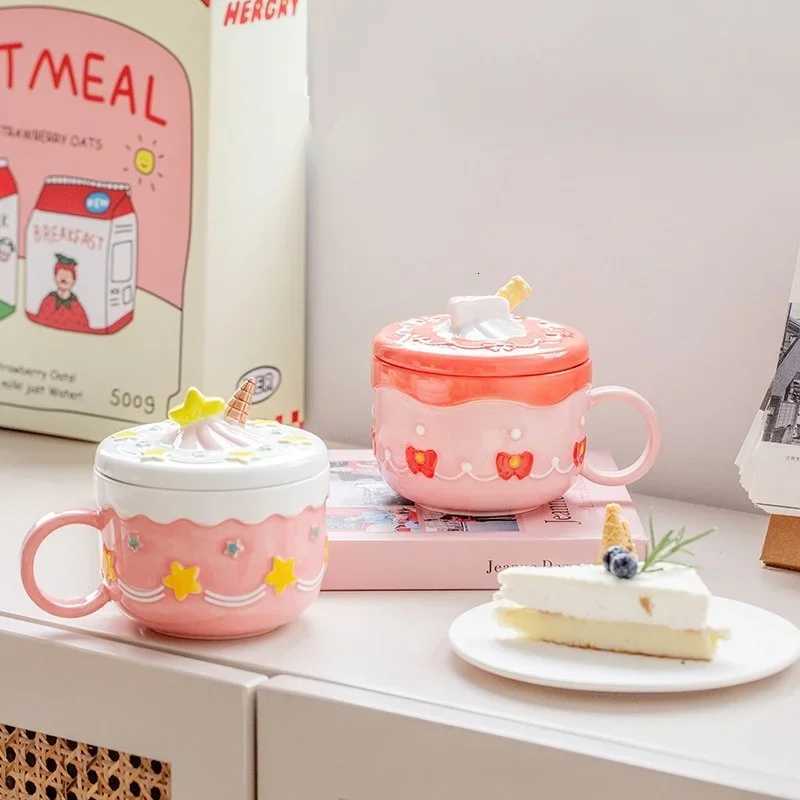 430ml Ceramic Coffee Mug Creative Cute Cake Embossed Pattern Water Cup Large Capacity with Cover Home Office Juice Mugs Gift M251206 - view 3