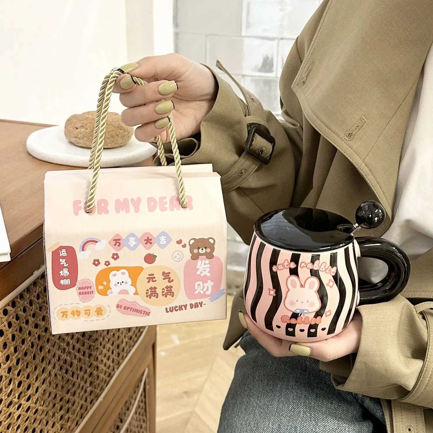 High Looks Cat Mug with Lid Spoon Rabbit Breakfast Milk Cups Ceramic Coffee Mugs Gift Box Christmas Birthday Gift Kawaii Cup M251206 - view 7