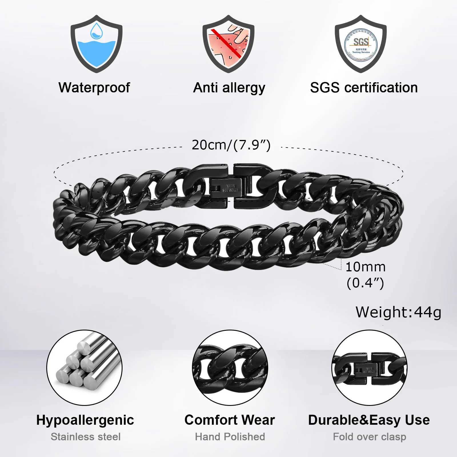 Vnox 8mm/10mm Bold Cuban Chain Bracelets for Men Black Stainless Steel Miami Curb Links Wristband Chunky Male Boy Jewelry W251206