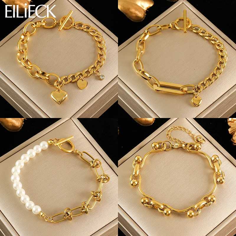 EILIECK 316L Stainless Steel Gold Color Bracelet Bangle Jewelry Charm Metal Texture 18 K Plated Heart Wrist Chain for Women W251206
