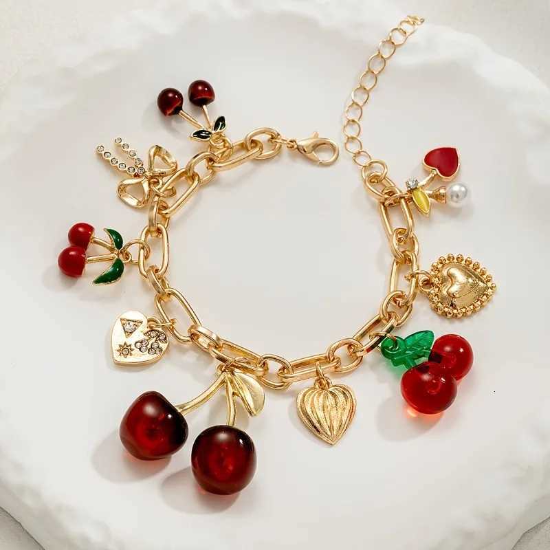 Cute Handmade Bow Heart Cherry Bracelet Golden Color Chunky Chain Fashionable Charm Bangle Jewelry Gifts W251206