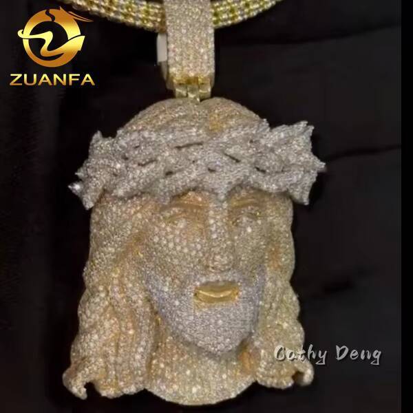 Iced Out Rapper Jewelry Iced Out Custom Jesus Pendant 925 Silver Moissanite Hip Hop Head Cuban Chain Pendant