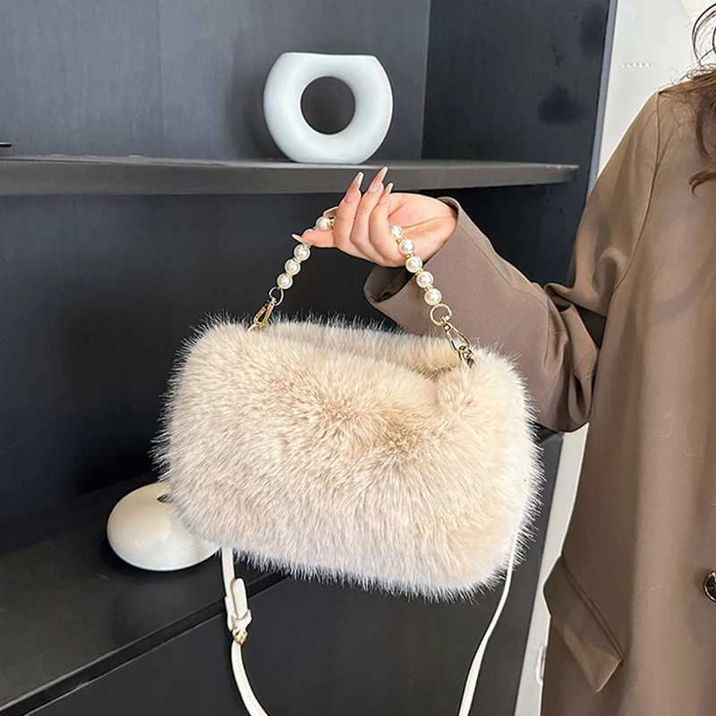 Candy Color Pearl Handle Womens Plush Crossbody Bag Portable Female Furry Handbags Winter Fashion Casual Ladies Shoulder BagsT251206