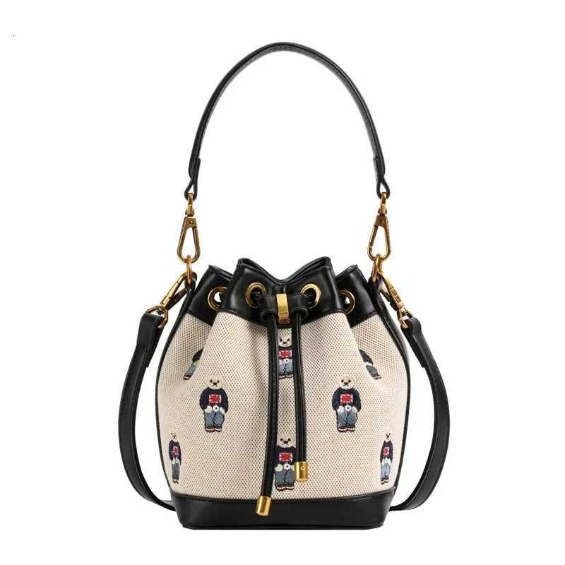 2025 New Retro Womens Bucket Bag - Collision-Color Bear Embroidery Small Bag Durable Canvas Simple Casual TrendyT251206