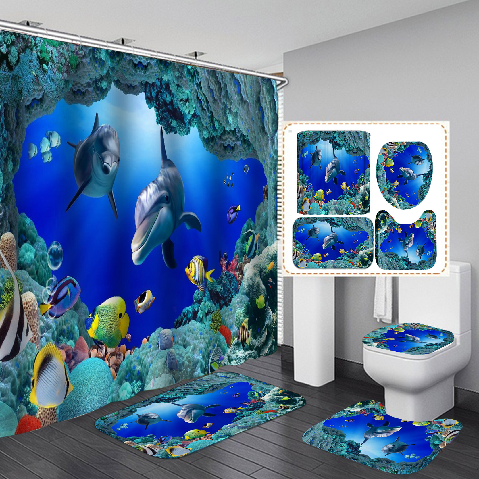 YL-37894 3D Digital Printed Shower Curtain, Waterproof, Mildew-proof, High-Definition, Personalized Marine Life Series Shower Curtain Wholesale