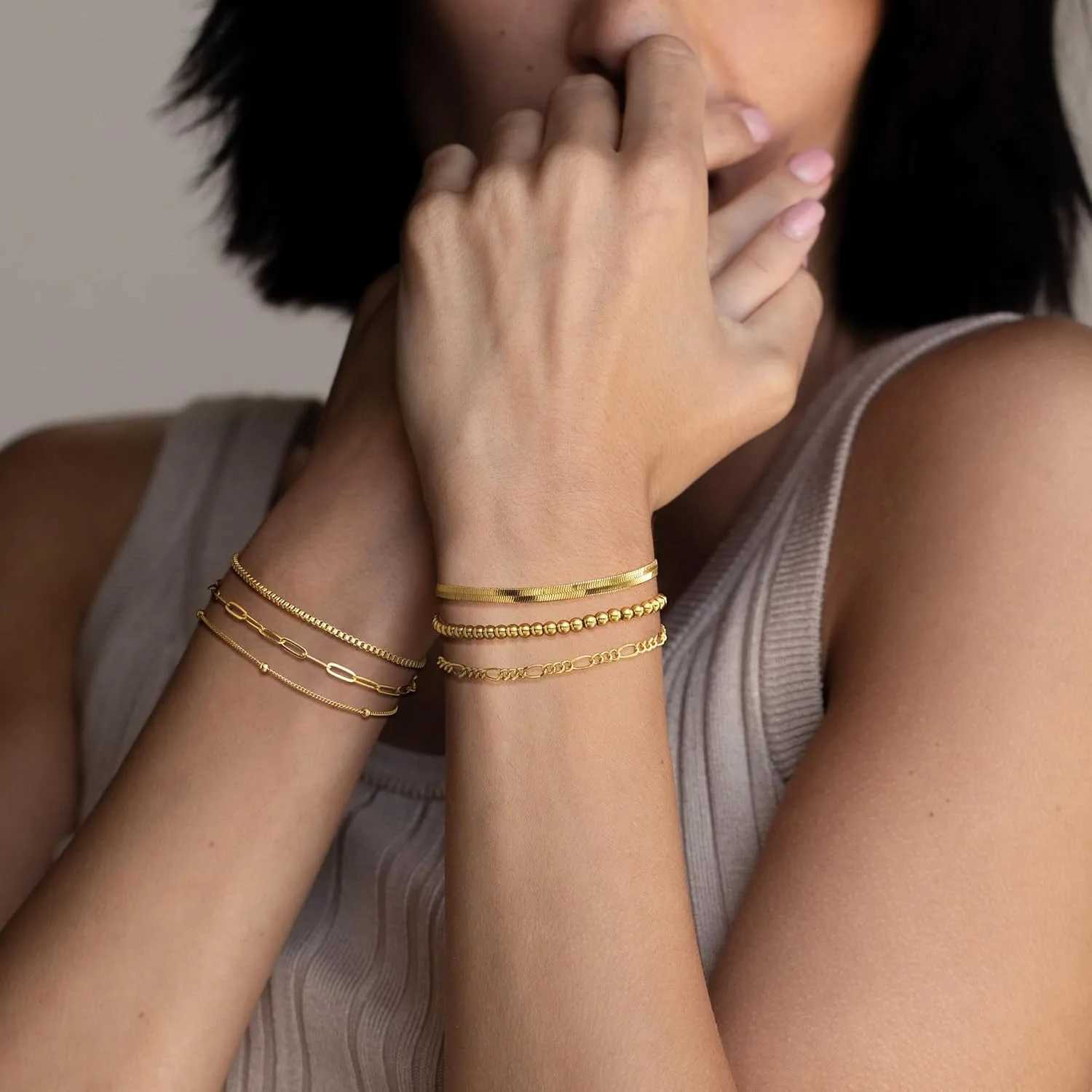 Gold Bracelets for Women Waterproof 14K Gold Plated Jewelry Set for Women Trendy ThinDainty Stackable Cuban Link Paperclip Chain W251206