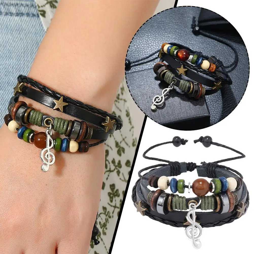 Adjustable Trendy Musical Note Wood Beads Niche Design Leather Gypsy Hippie Bracelet Vintage Rope Layered Bracelet W251206