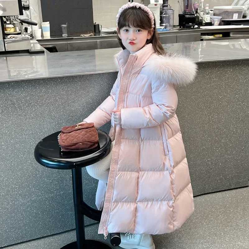2024 Girls Winter Extended Down Cotton Jacket New Childrens Fashion Belt with Big Hairy Collar Warm Pink Black Cotton CoatW251206