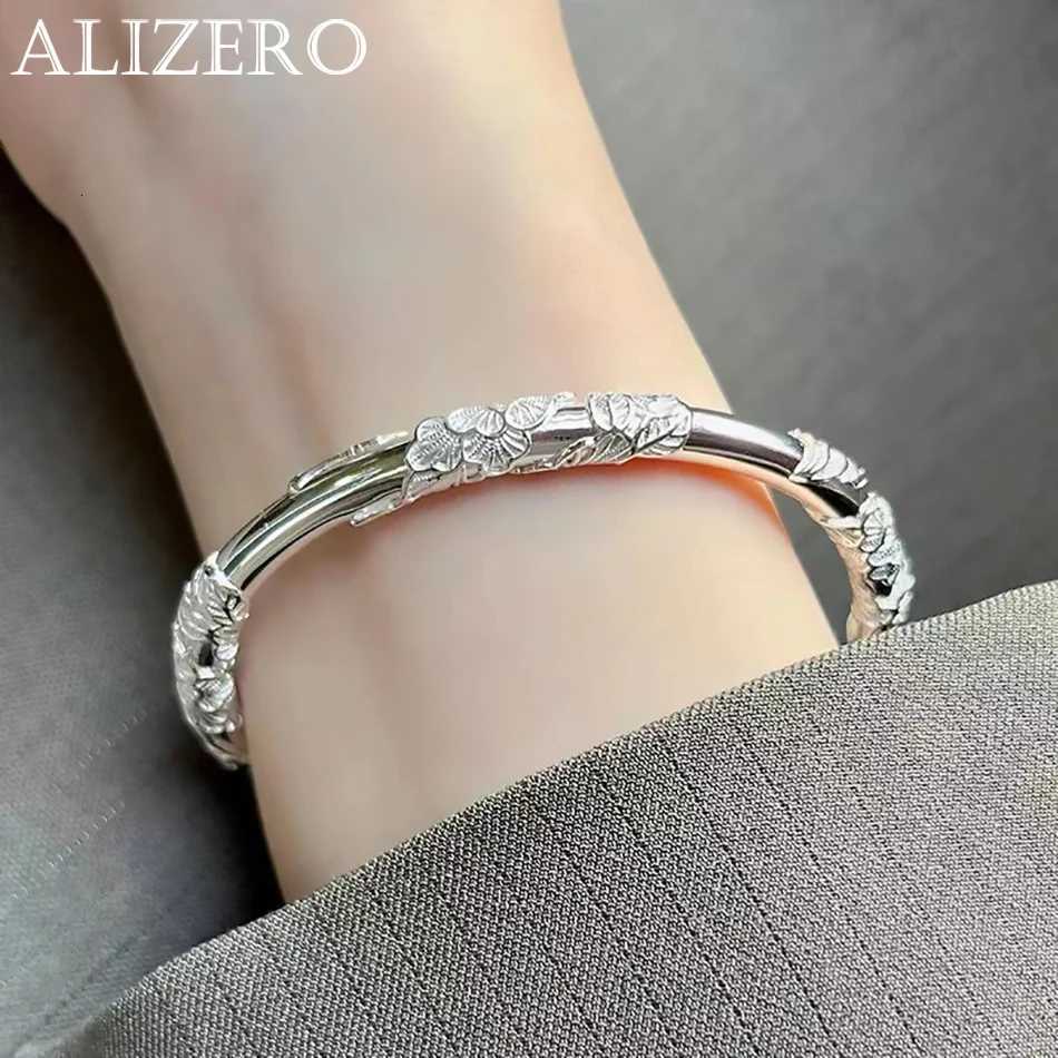 ALIZERO 925 Sterling Silver Full-blown Flowers Bangle Bracelet For Womens Delicate Open Adjustable Bracelets Fashion Jewelry W251206