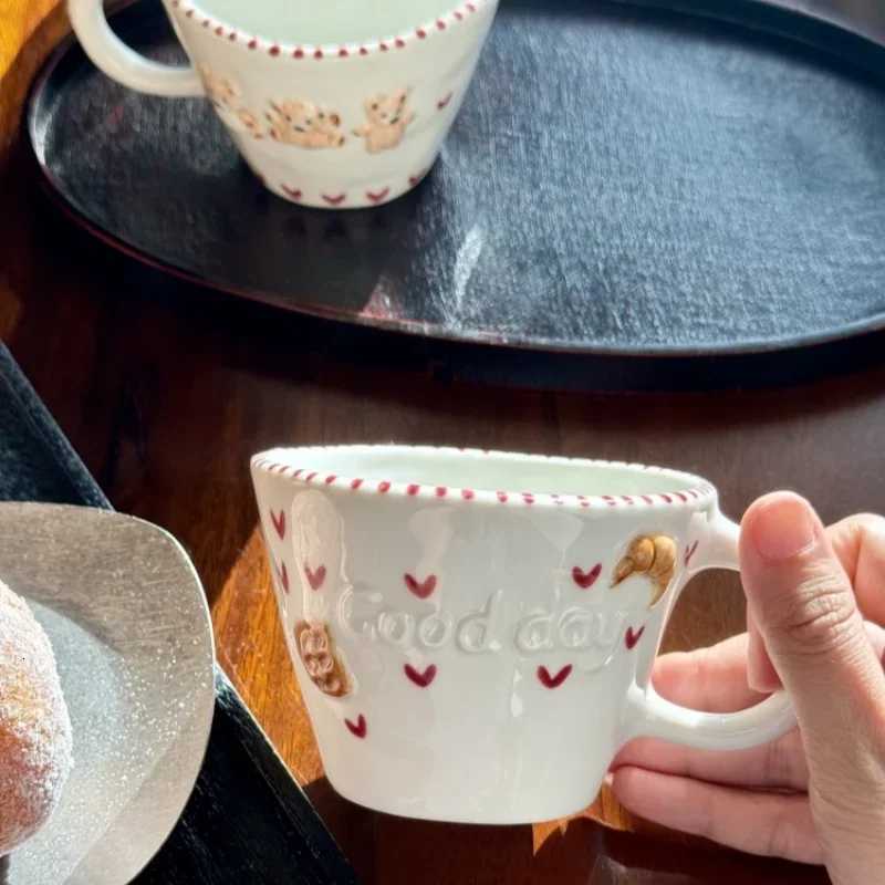 300ml Hand-drawn Ceramic MUgs Coffee Cup Hand Pinched Irregular Bear Milk Tea Cup Letter Waffle Croissant Oatmeal MUg M251206 - view 4
