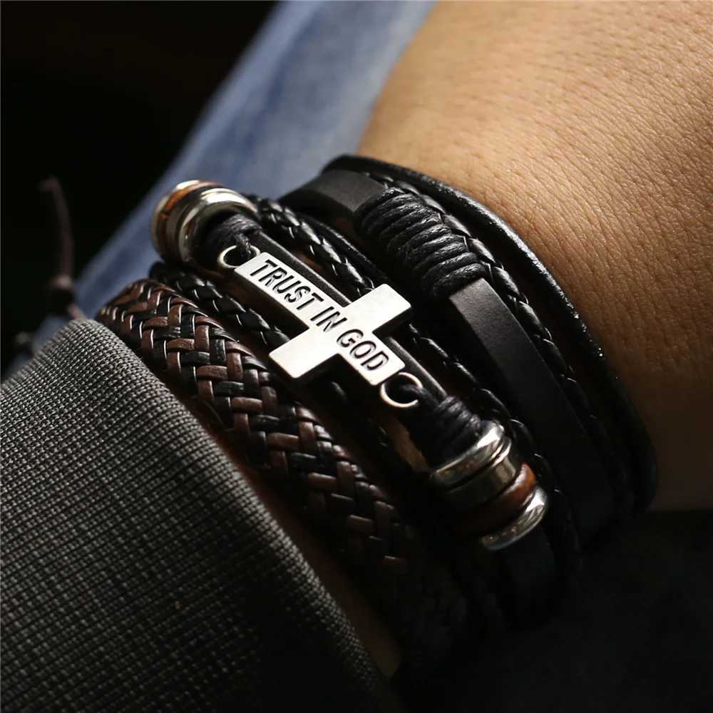 WESTBULL 3 Pcs/Set Multilayer Leather Bracelets For Men Cross Charm Homme Bangles Gift Jewelry W251206