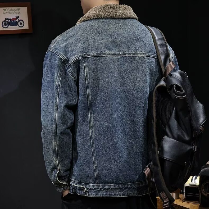 Designer Luxury Clothing Lamb Wool Cotton Jacket For Men Winter Stylish Trendy Cotton Coat With Fleece Lining Thickened Trendy Brand Denim Motorcycle 