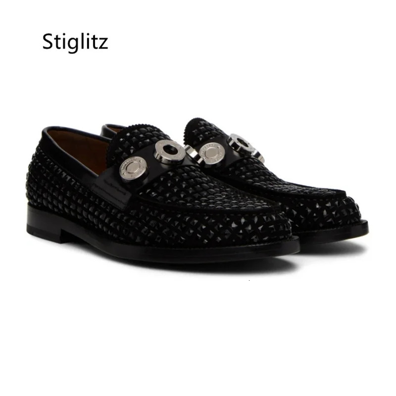Metal Buckle Casual Mens Shoes Black Rivet Studded Flats Shoes Round Toe Slip On Loafers Genuine Leather Party Business Shoe 251204