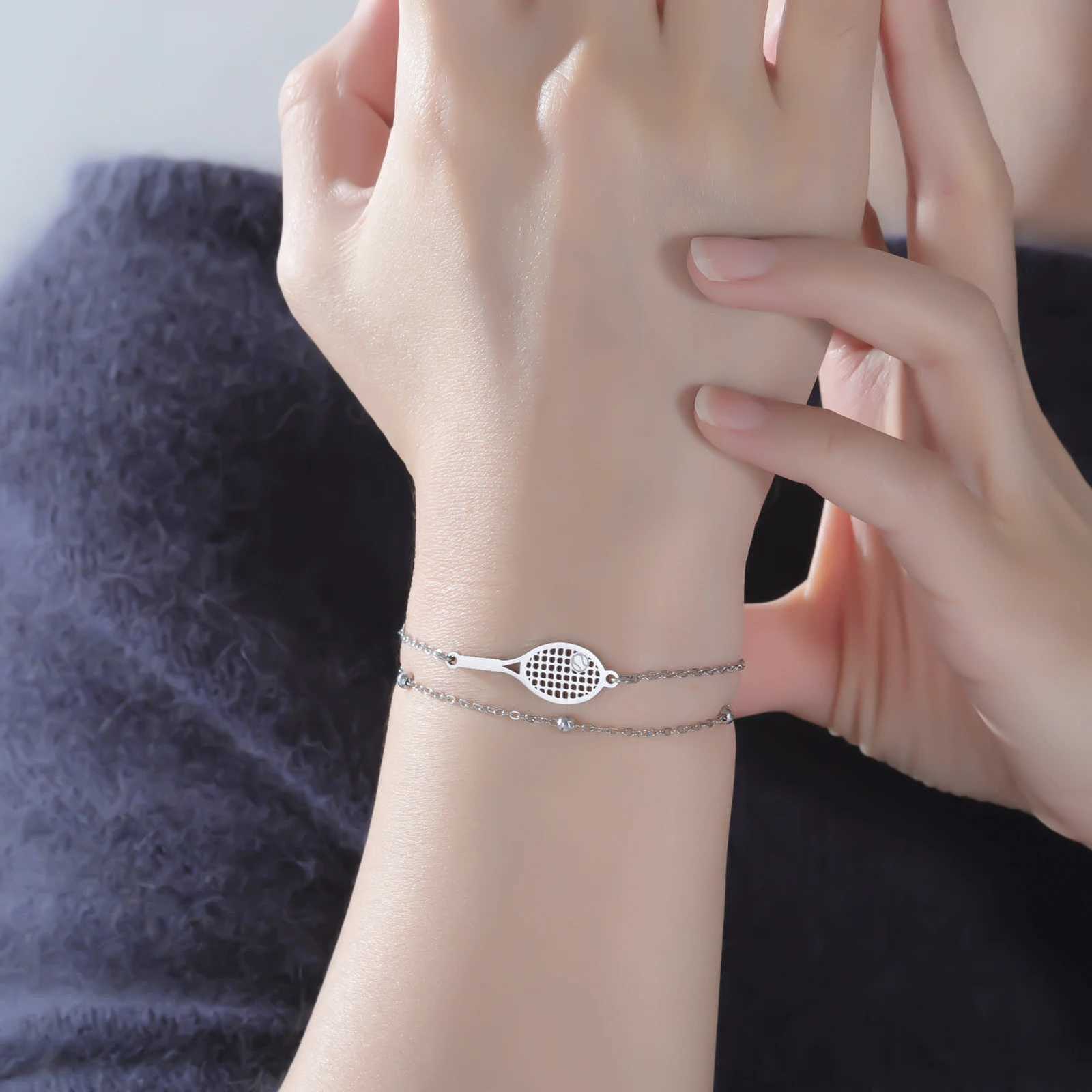 Cazador Tennis Racket Charm Womens Bracelet Stainless Steel Jewelry Double Chains Beads Hand Bracelet for Girls Christmas Gift W251206