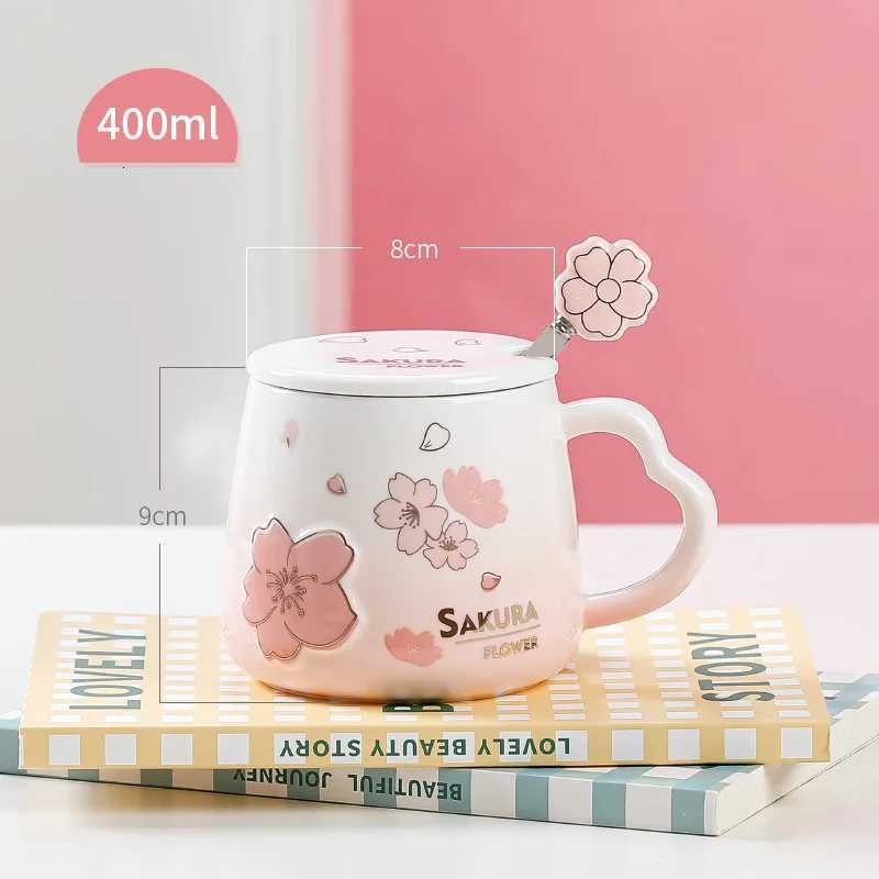 Japanese Pink Cherry Blossom Ceramic Mugs Coffee Cups Milk Breakfast Mug with Lid Spoon Water Cup Office Tea Cup M251206 - view 5