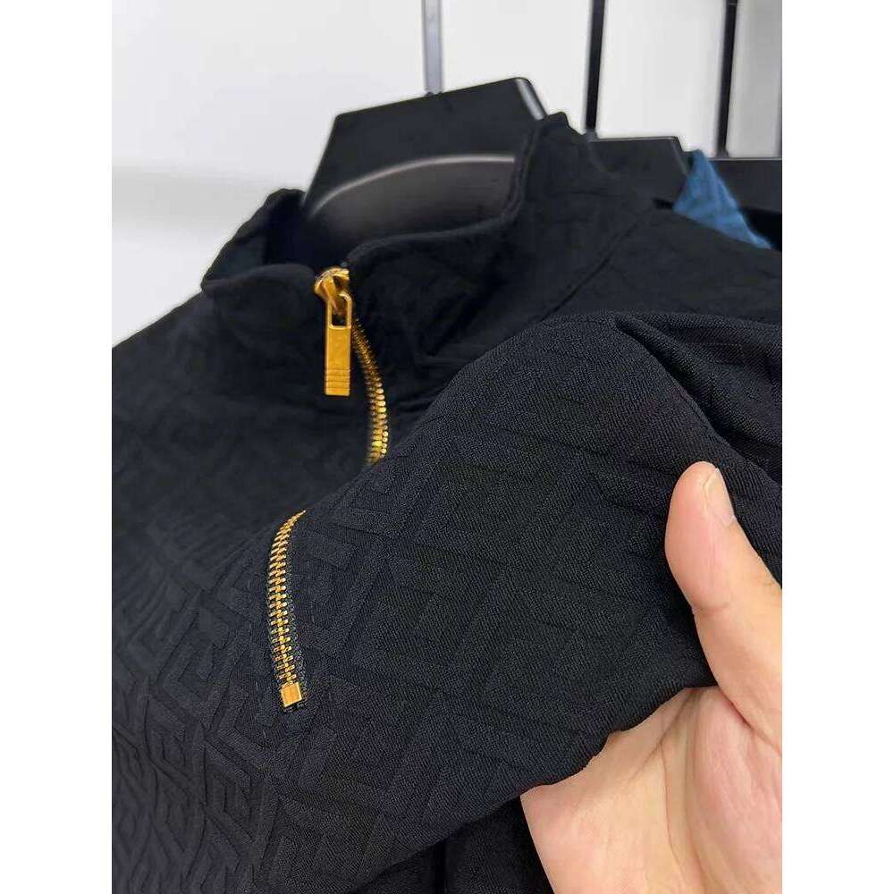 High End Brand Fashion Jacquard Long Sleeve T-Shirt Men's Casual Sweater Autumn Trend Korean Style Half Zipper Collar Pullover