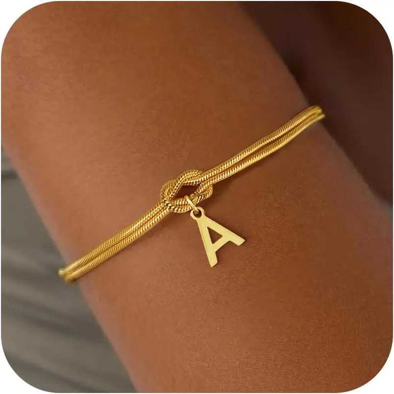 Titanium Steel Initial Bracelets for Women Men - 18K Gold Plated Knot Initial Bracelet Couple Gifts Trendy Stuff Gold Bracelets W251206