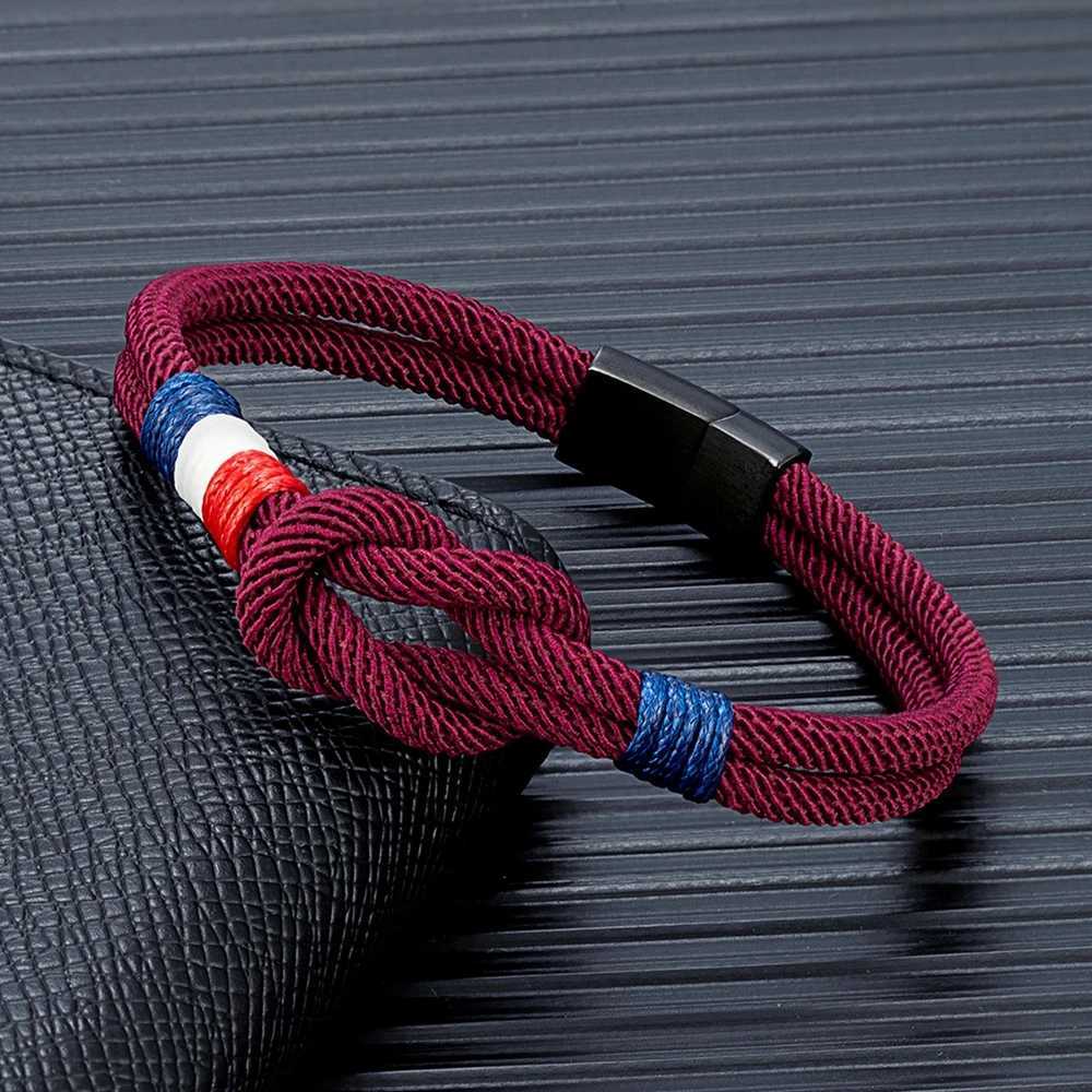 MKENDN Black Stainless Steel Square Knot Rope Bracelet Men Women Handmade Woven Double-Layer Design France Flag Couple Jewelry W251206