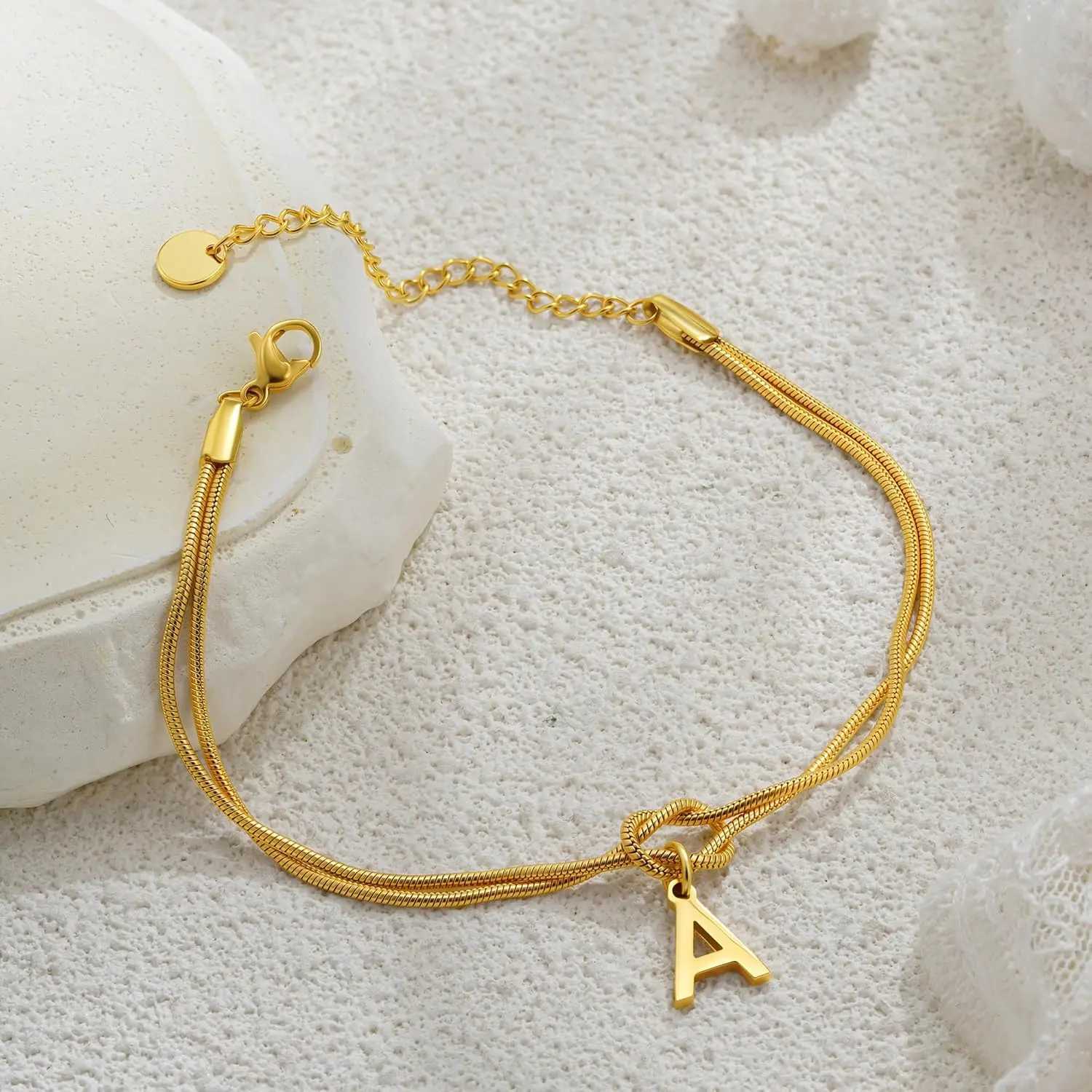 Titanium Steel Initial Bracelets for Women Men - 18K Gold Plated Knot Initial Bracelet Couple Gifts Trendy Stuff Gold Bracelets W251206