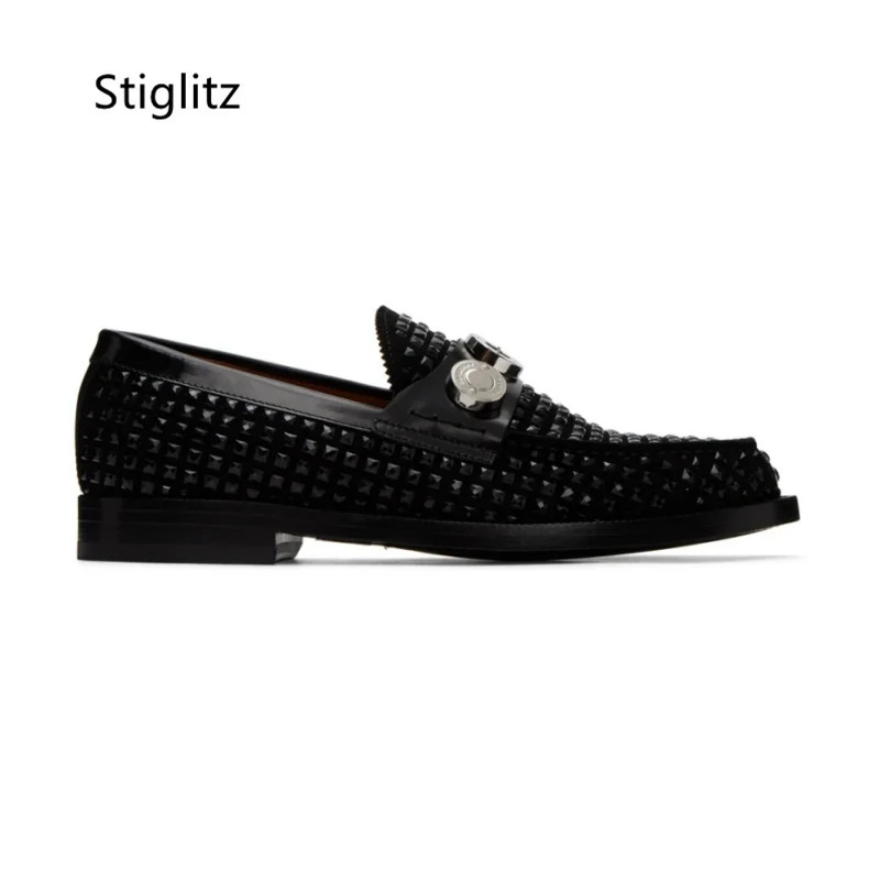 Metal Buckle Casual Mens Shoes Black Rivet Studded Flats Shoes Round Toe Slip On Loafers Genuine Leather Party Business Shoe 251204