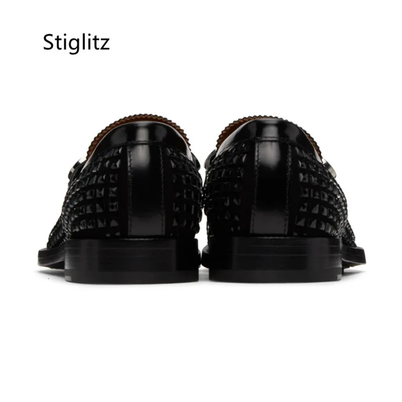 Metal Buckle Casual Mens Shoes Black Rivet Studded Flats Shoes Round Toe Slip On Loafers Genuine Leather Party Business Shoe 251204