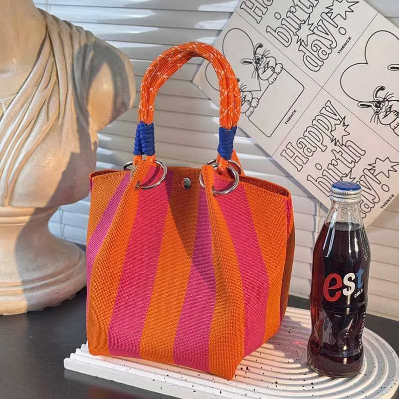 Colorful Stripe Handbag Large Capacity Bucket Rope Knot Spring Autumn Travel Versatile Soft Polyester Lining Mobile Phone BagT251206