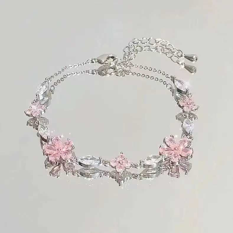 Korean Elegant Cherry Blossom Bow Zircon Bracelet For Women Y2K Sweet Girls Crystal Flowers Bracelets Wedding Party Jewelry Gift W251206
