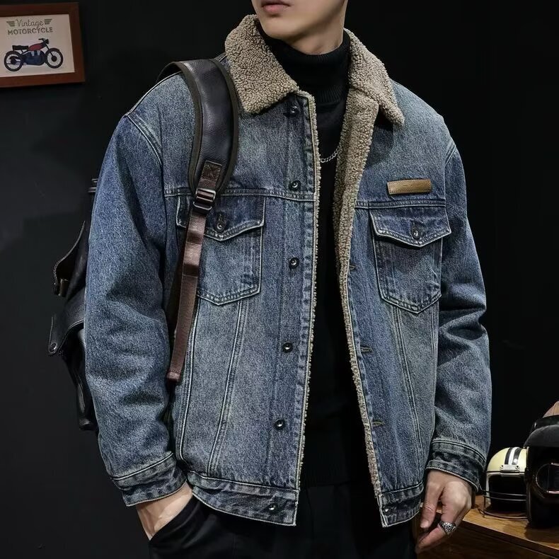 Designer Luxury Clothing Lamb Wool Cotton Jacket For Men Winter Stylish Trendy Cotton Coat With Fleece Lining Thickened Trendy Brand Denim Motorcycle 