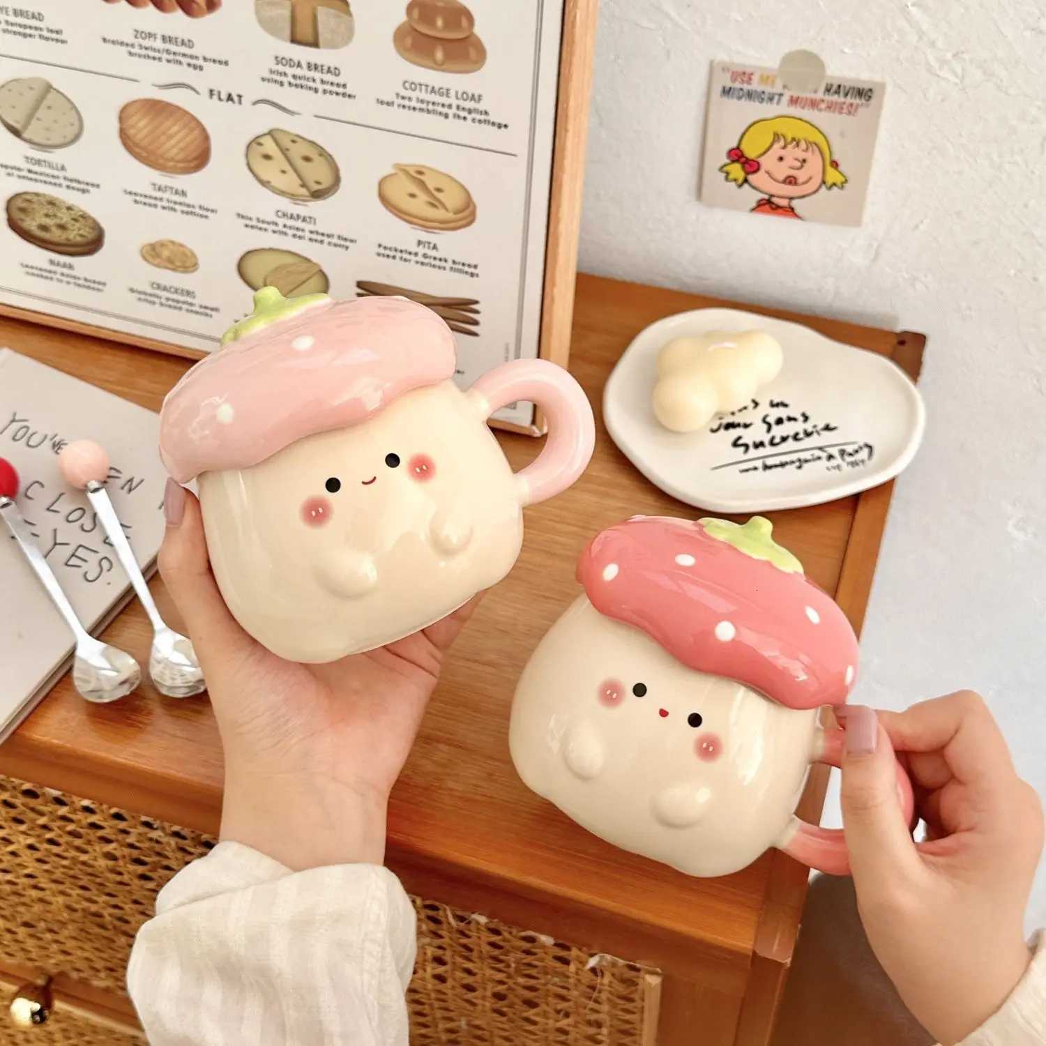 Cute Strawberry Ceramic Cup Girls Heart Cartoon with Lid and Spoon Birthday Anniversary Gift Ceramic Mug Coffee Mug with Straw M251206 - view 7