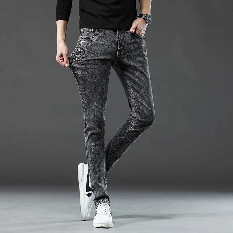 Classic Slim Vintage Fashion Mens Designer Jeans Snowflake Grey Wash Korean Fashion Stretch Pants Multi-button Denim Trousers W251206