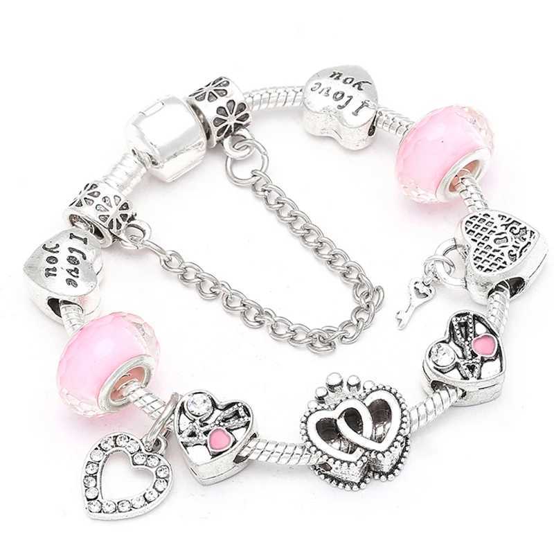 BAOPN European Pink Heart To Heart Beads Charm Bracelets For Women Fit Brand Bracelet Bangle Couple Jewelry Dropshipping W251206
