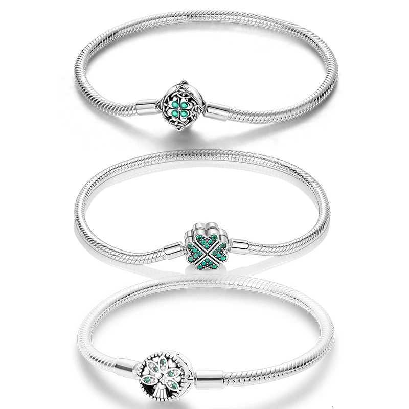 Lucky Clover Bracelet 925 Silver Original Green Zircon Four Leaf Tree Of Life Snake Chain For DIY Charms 17-20CM Jewelry Gift W251206