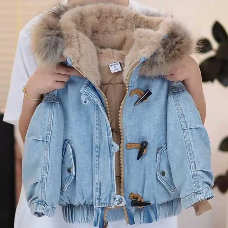 Childrens Cotton Jacket Winter New Boys and Girls Deinm Down Cotton Hooded Jacket Big Wool Collar Casual Cotton Coat ParkasW251206