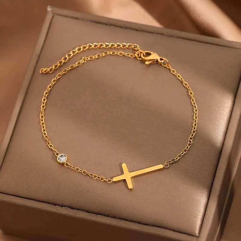 Stainless Steel Gold Color Cross Chain Bracelet for Women Shiny CZ Zircon Charm Hand Bracelet Wedding Jewelry Gift W251206
