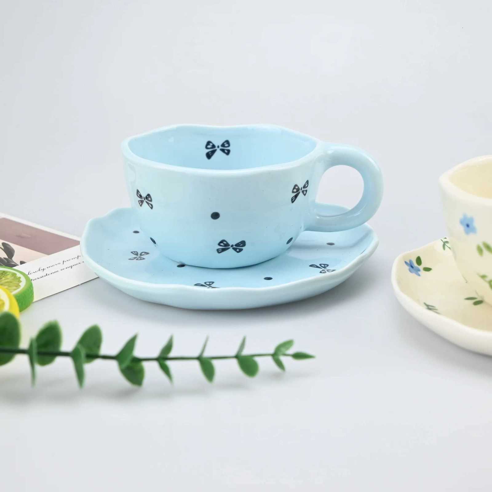 2PCS/Set High-end Coffee Cups And Saucers High-value Ceramic Mugs Business-style Latte Art Coffee Cups Hand-pinched Cups M251206 - view 4
